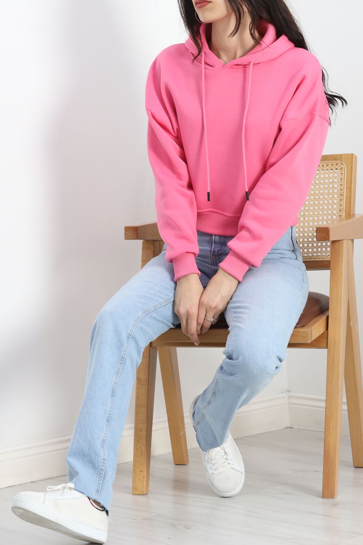 3 İplik Kapşonlu Crop Sweat Pembe