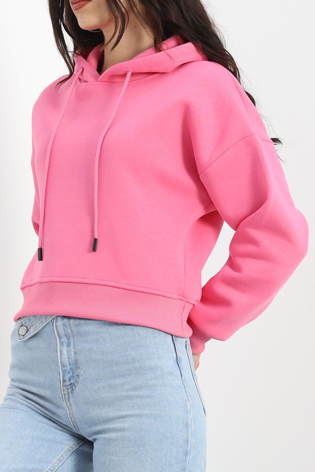 3 İplik Kapşonlu Crop Sweat Pembe