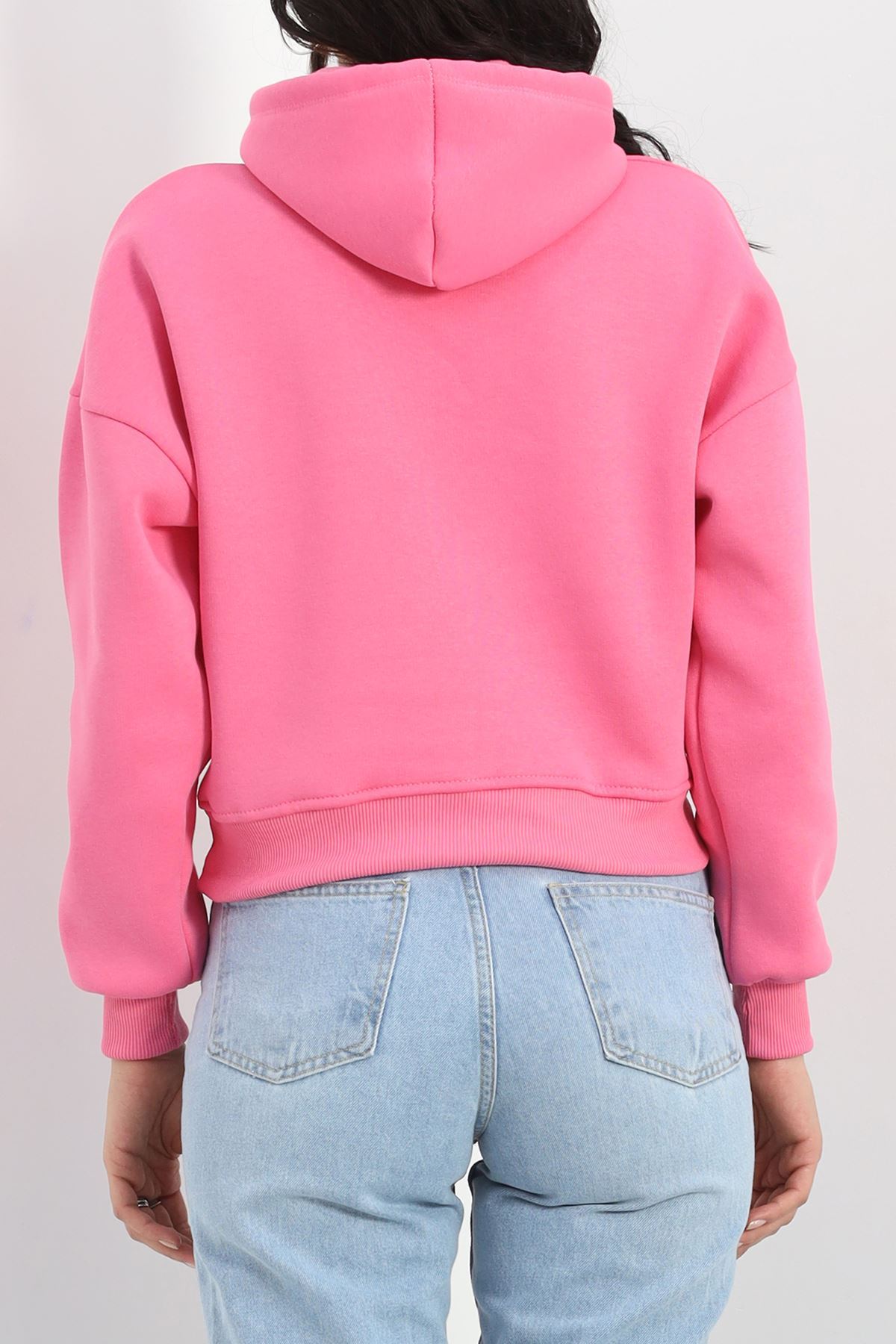 3 İplik Kapşonlu Crop Sweat Pembe