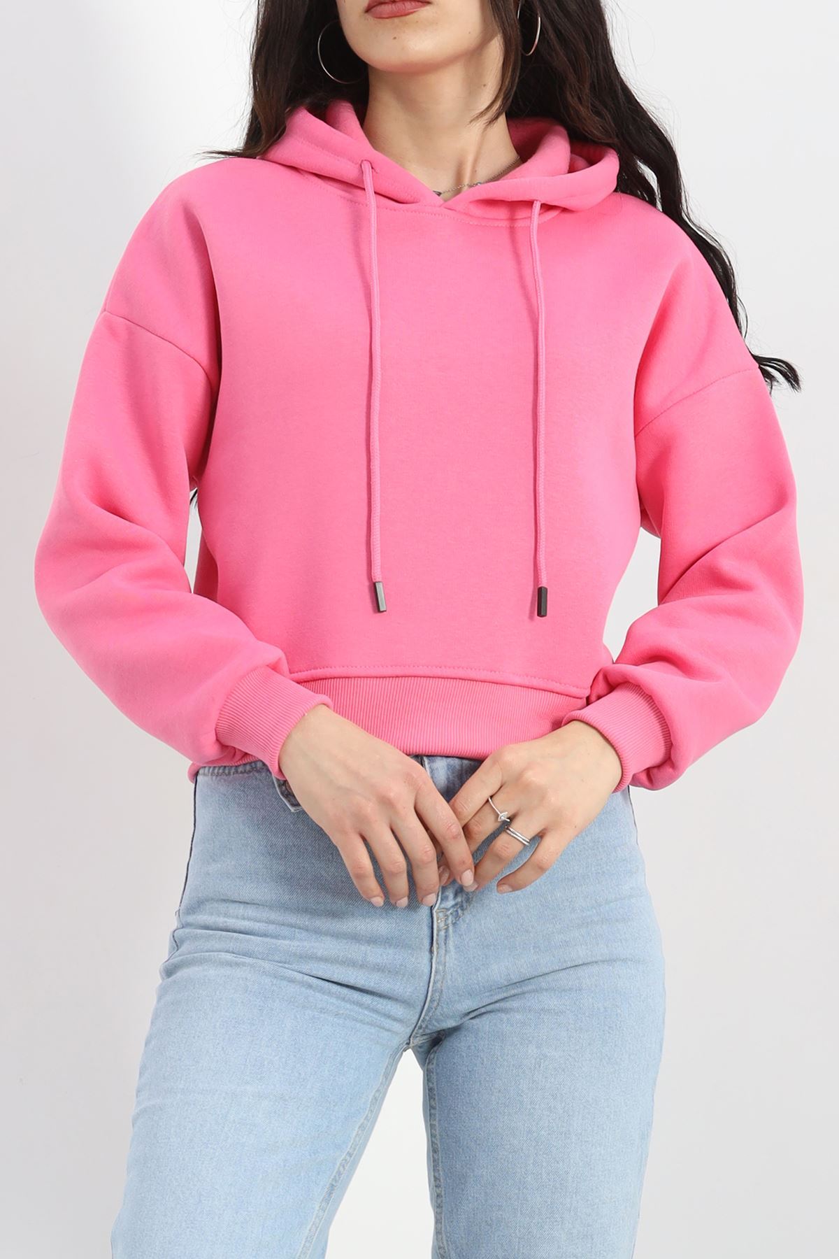 3 İplik Kapşonlu Crop Sweat Pembe