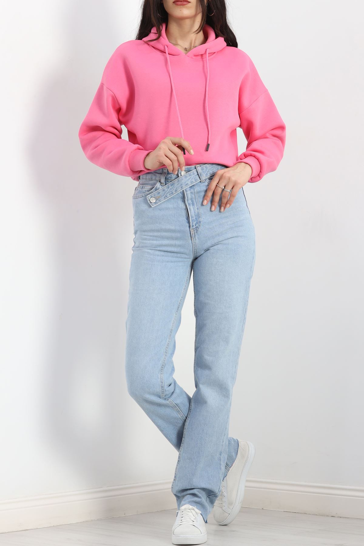 3 İplik Kapşonlu Crop Sweat Pembe