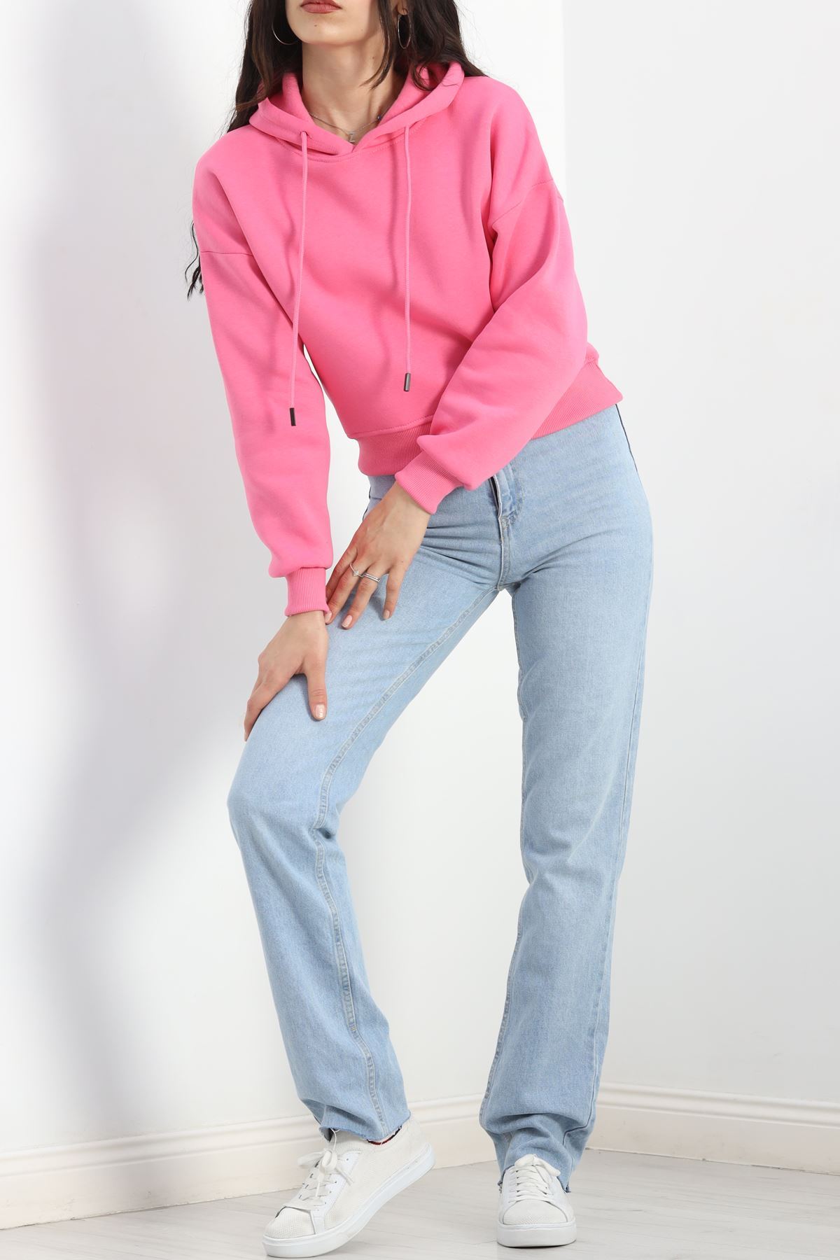 3 İplik Kapşonlu Crop Sweat Pembe