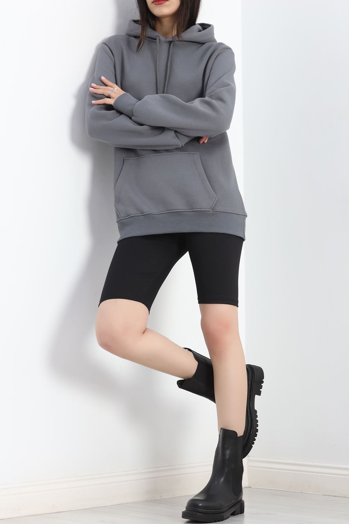 Kanguru Cep Oversize Sweat Füme