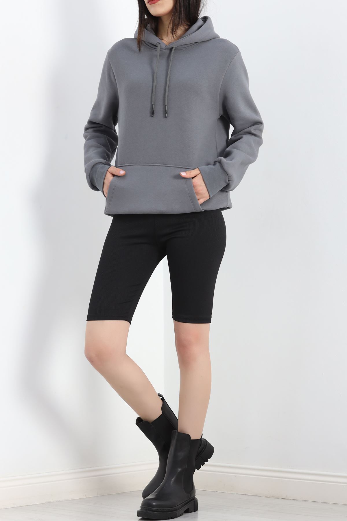 Kanguru Cep Oversize Sweat Füme