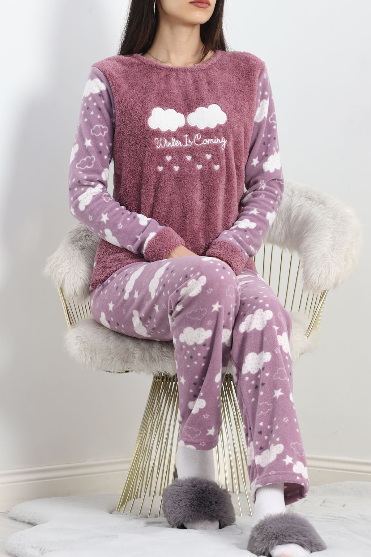 Peluş Polar Pijama Takımı Lilabulut