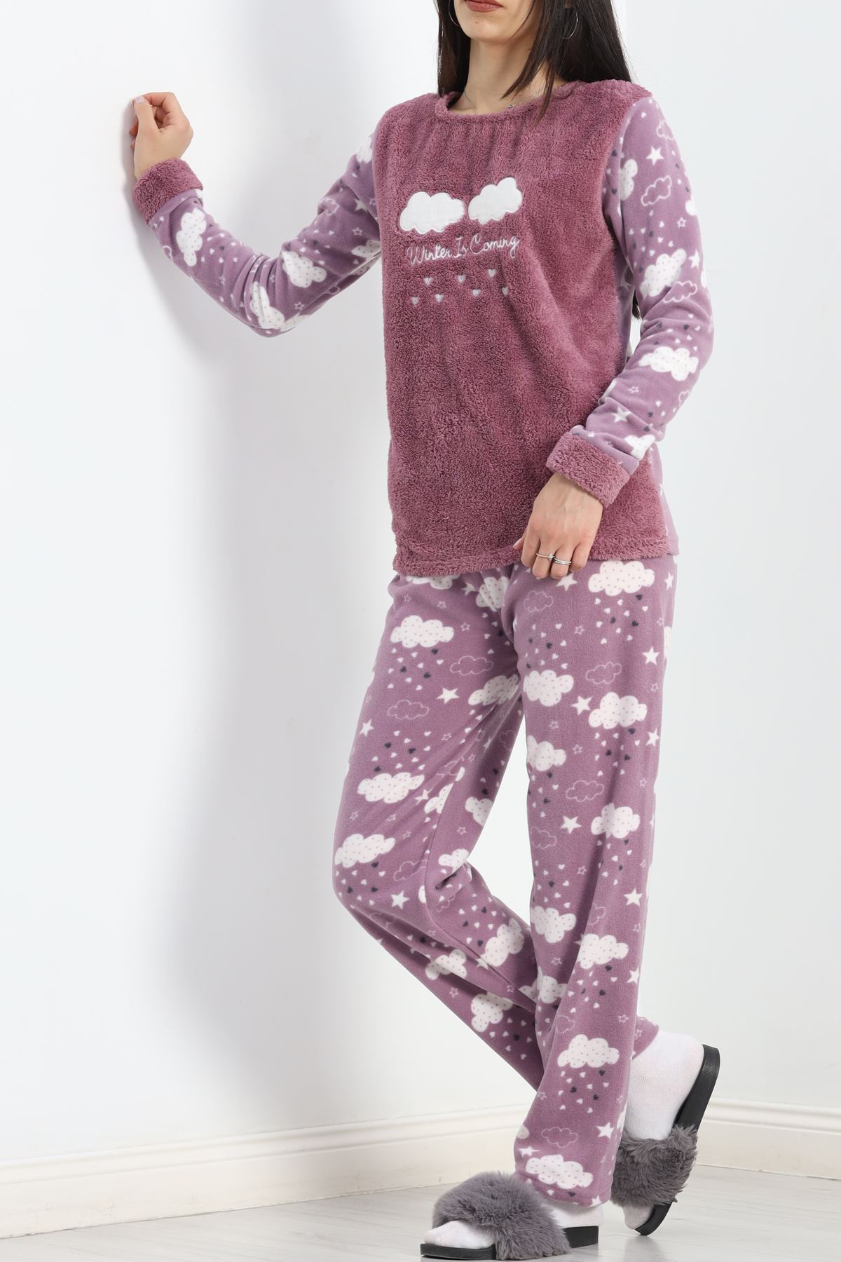 Peluş Polar Pijama Takımı Lilabulut