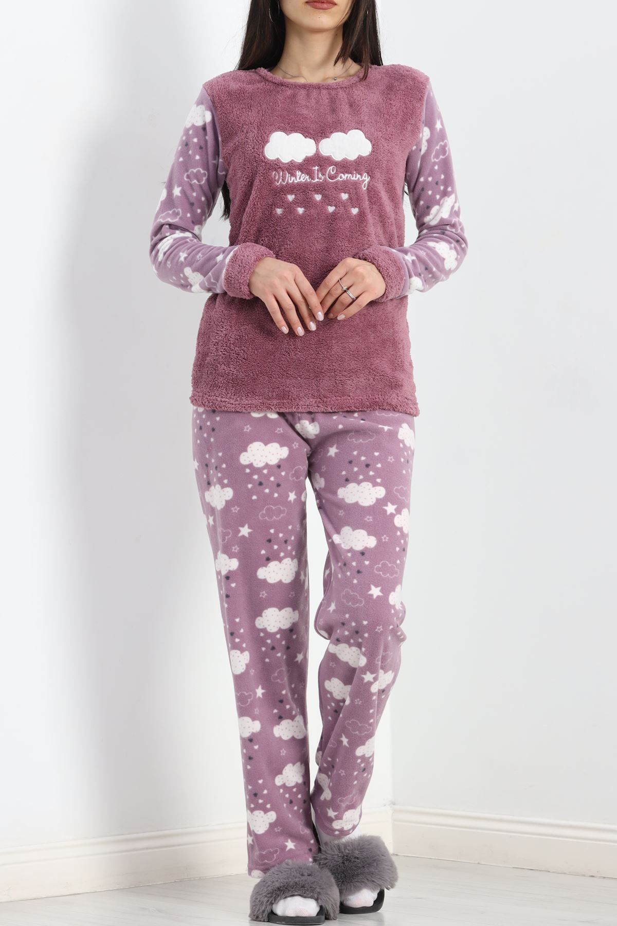 Peluş Polar Pijama Takımı Lilabulut