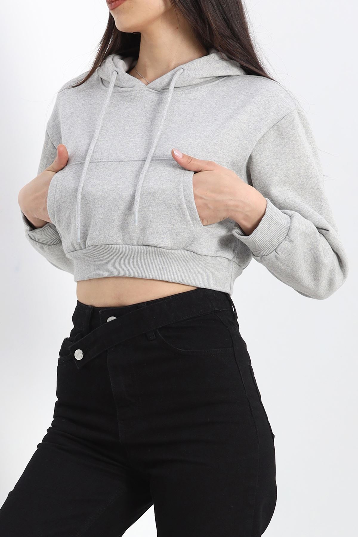 Şardonlu Oversize Crop Sweat Gri1