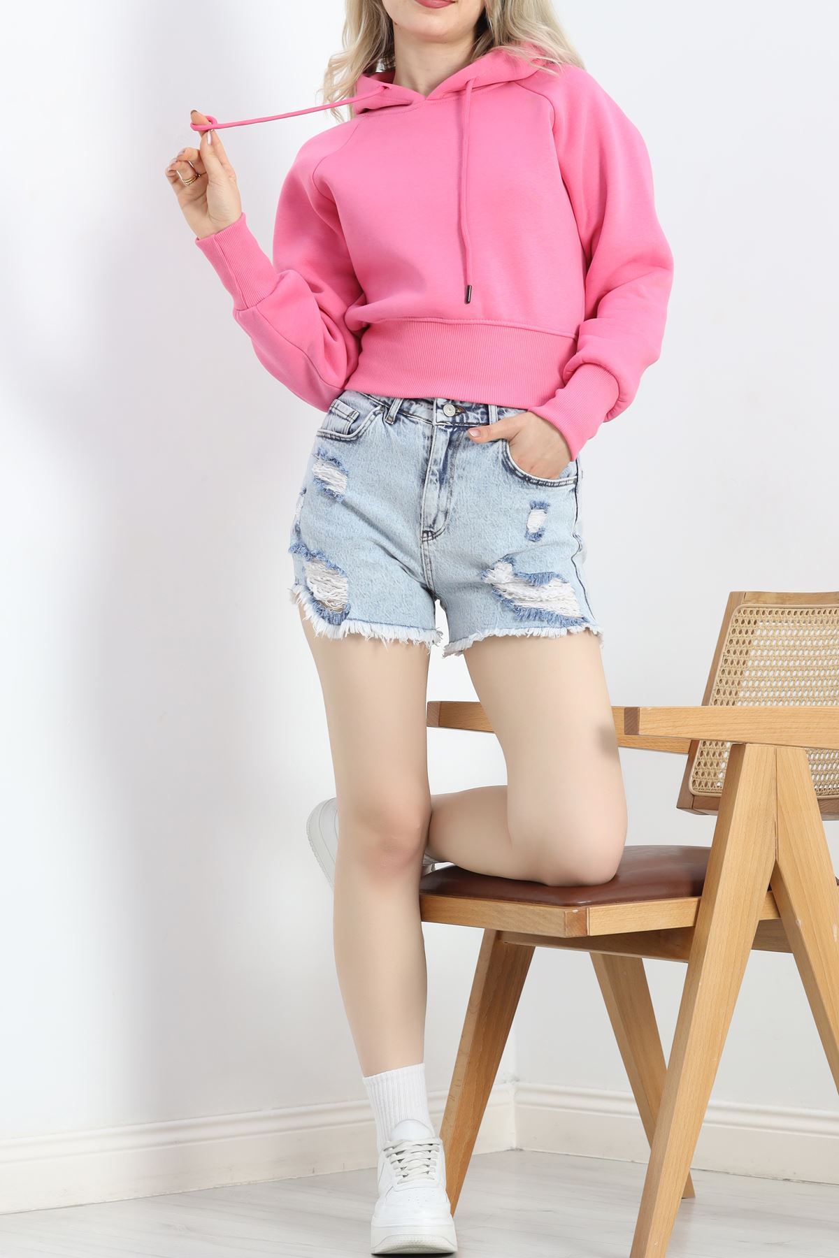 3 İplik Kapşonlu Crop Sweat Pembe