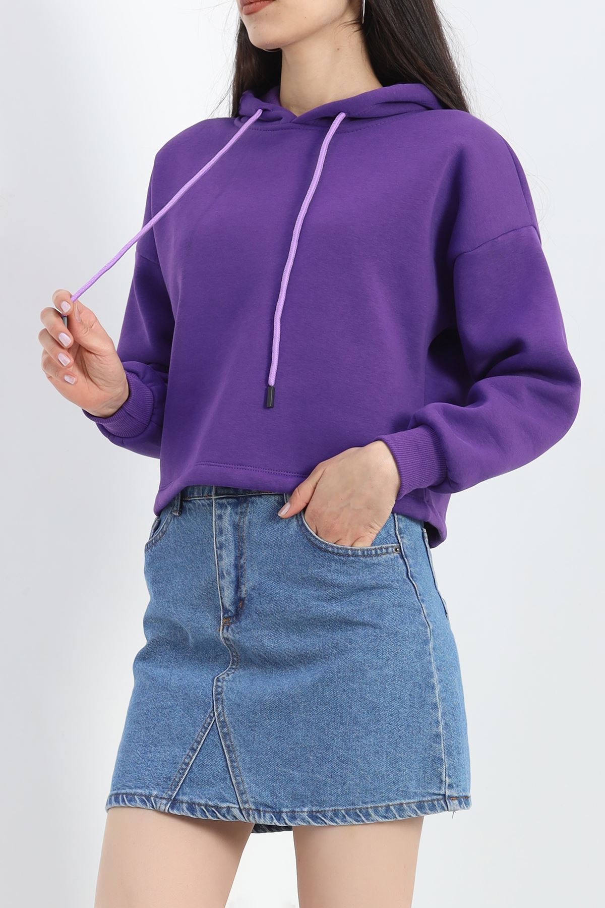 Kapşonlu 3 İplik Crop Sweat Mor