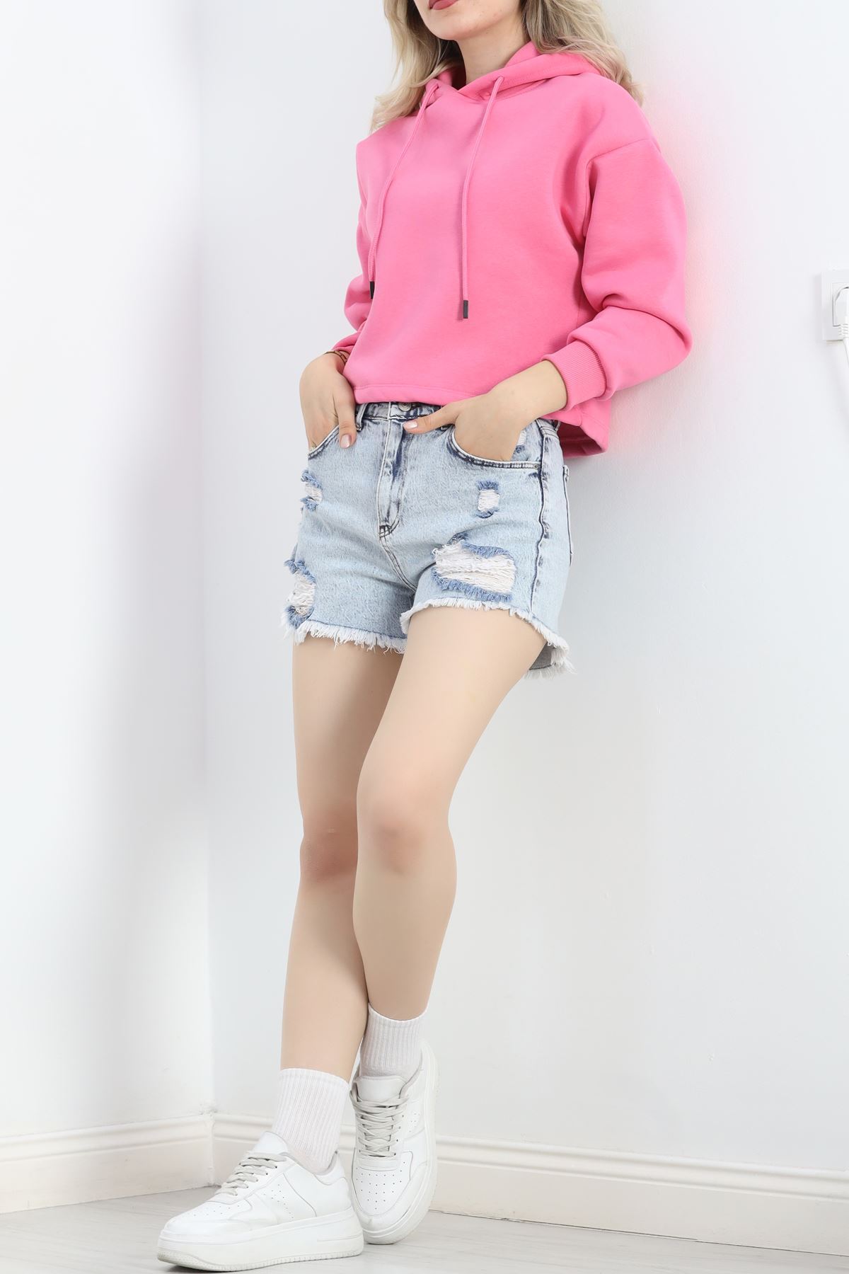 Kapşonlu 3 İplik Crop Sweat Pembe