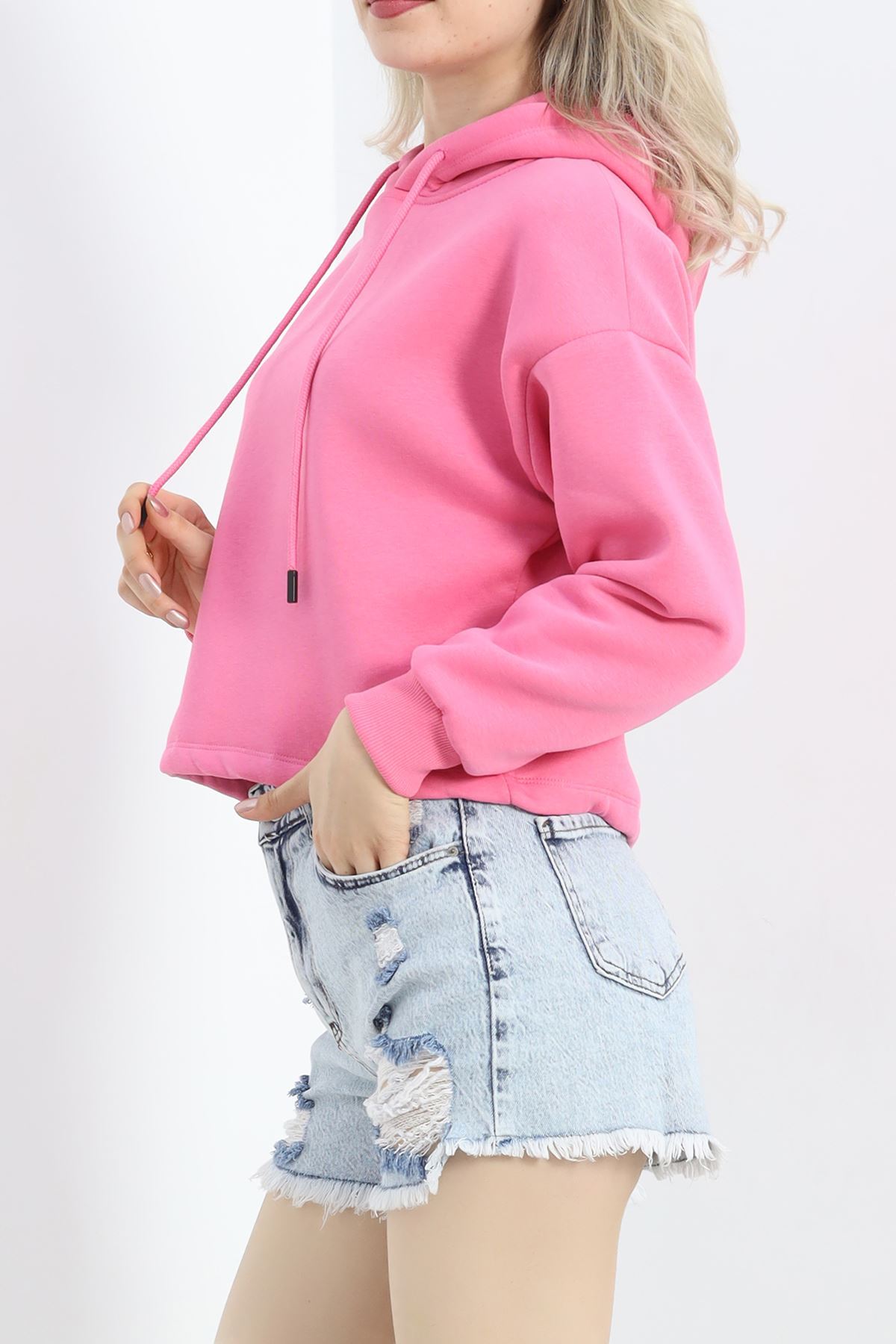 Kapşonlu 3 İplik Crop Sweat Pembe