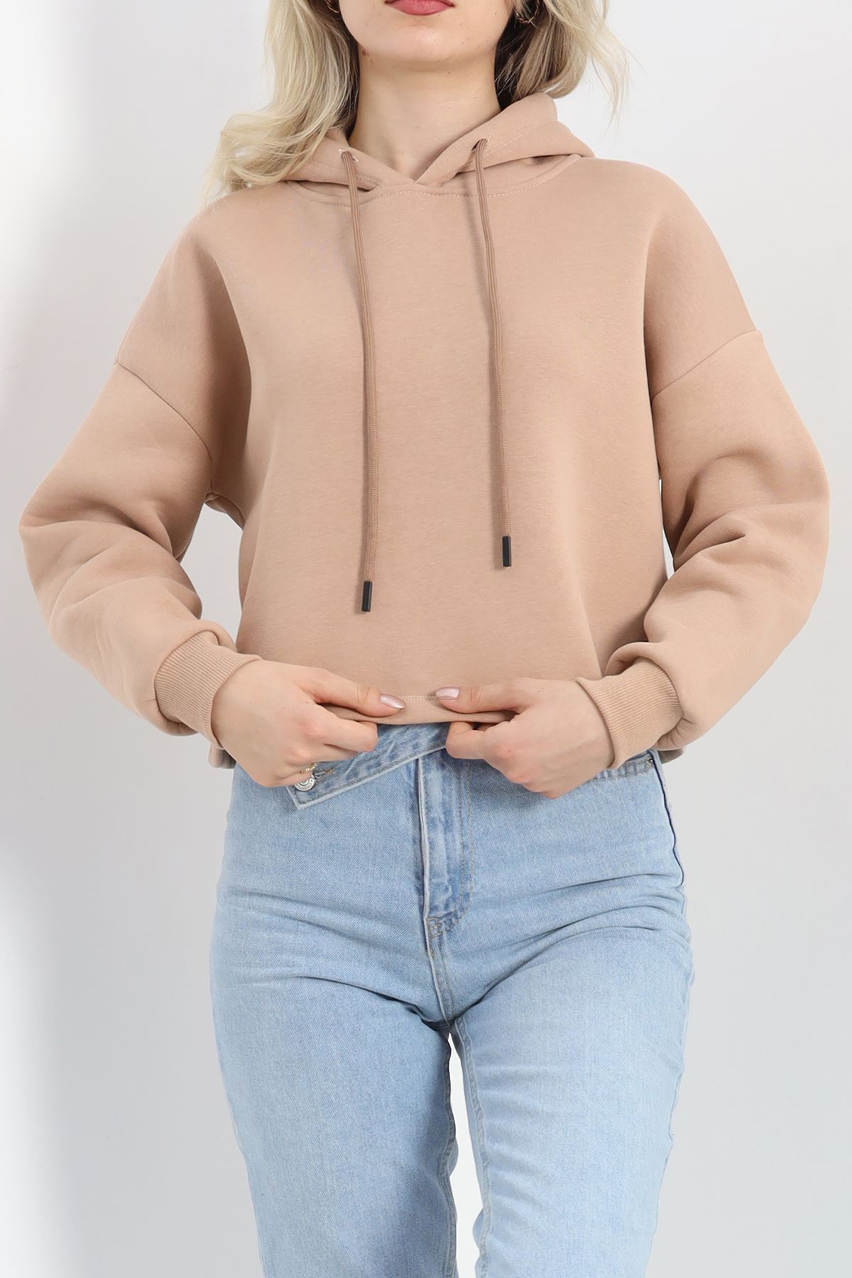 Kapşonlu 3 İplik Crop Sweat Bej