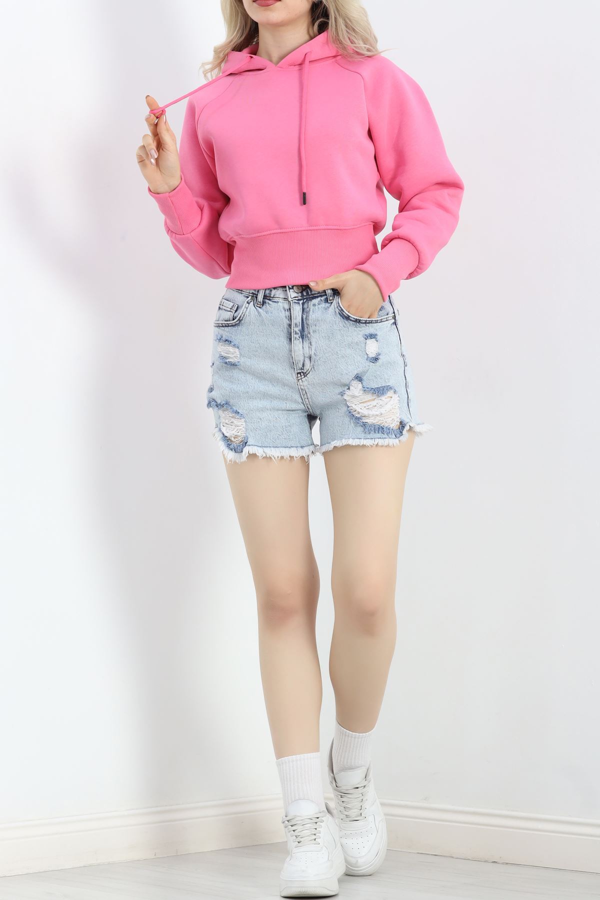 3 İplik Kapşonlu Crop Sweat Pembe