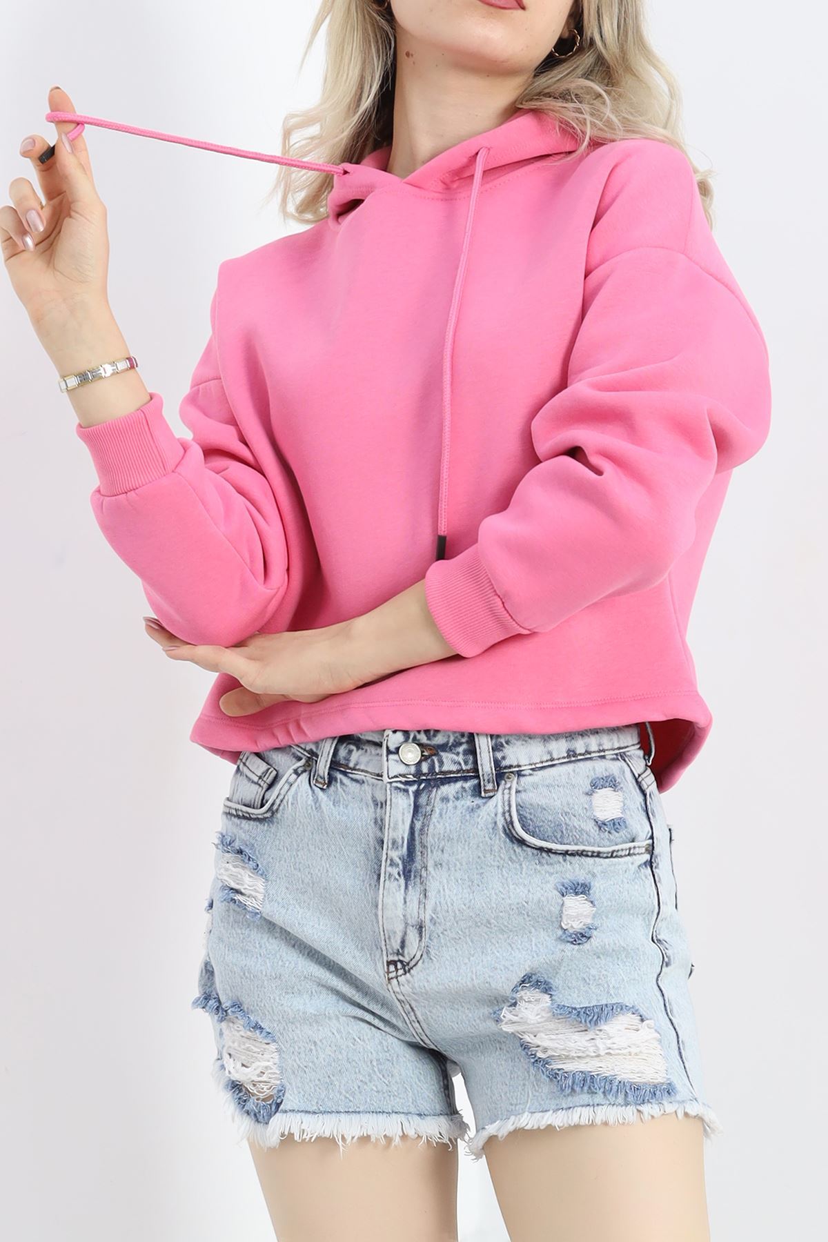 Kapşonlu 3 İplik Crop Sweat Pembe