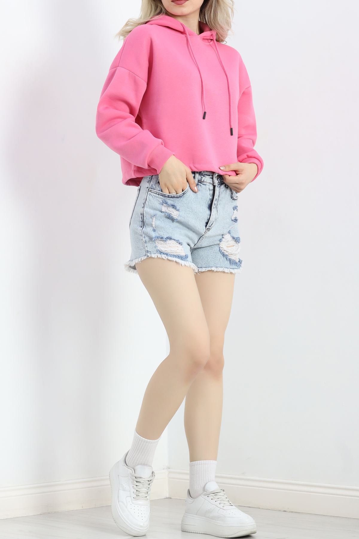 Kapşonlu 3 İplik Crop Sweat Pembe