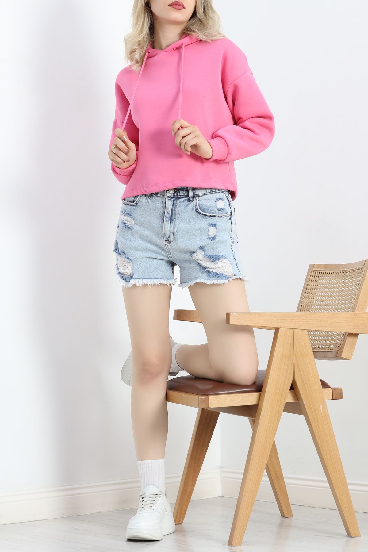 Kapşonlu 3 İplik Crop Sweat Pembe