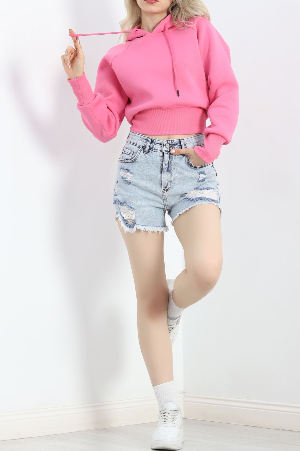 3 İplik Kapşonlu Crop Sweat Pembe