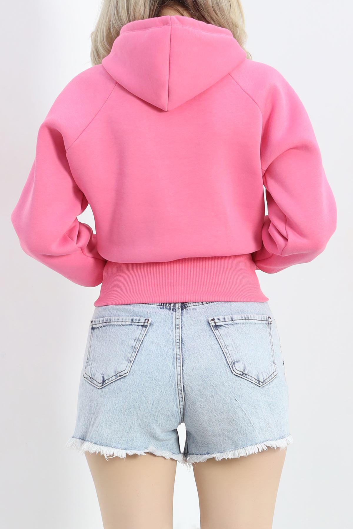 3 İplik Kapşonlu Crop Sweat Pembe