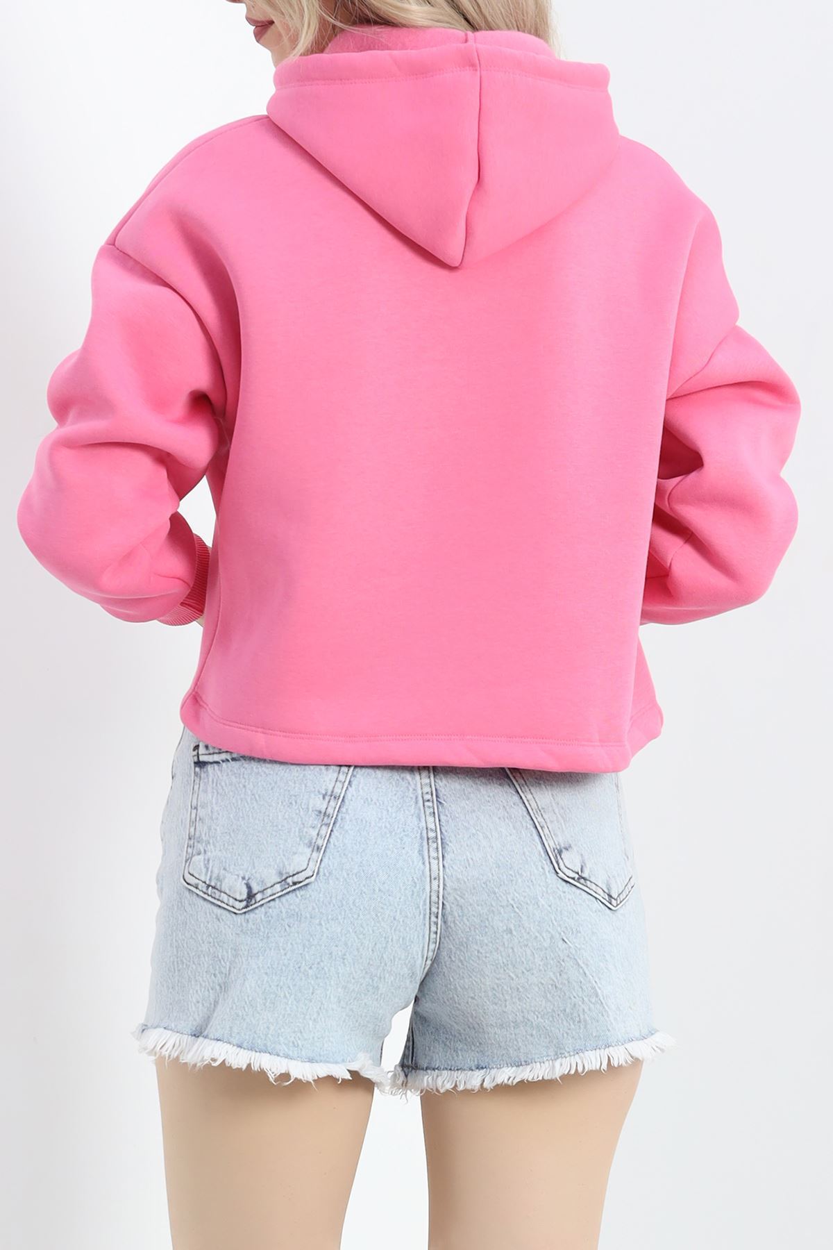 Kapşonlu 3 İplik Crop Sweat Pembe