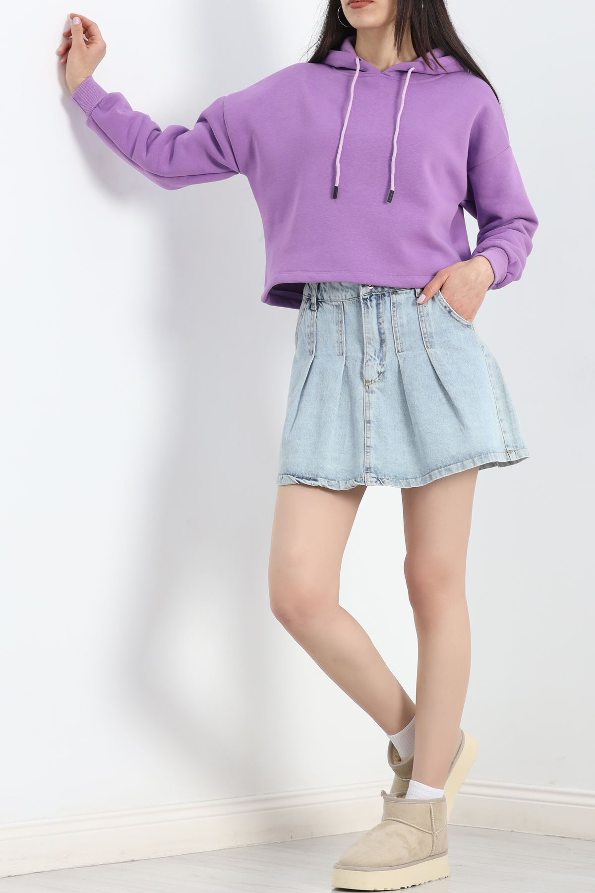 Kapşonlu 3 İplik Crop Sweat Lila