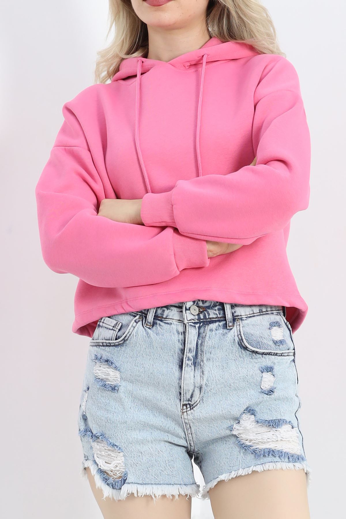 Kapşonlu 3 İplik Crop Sweat Pembe