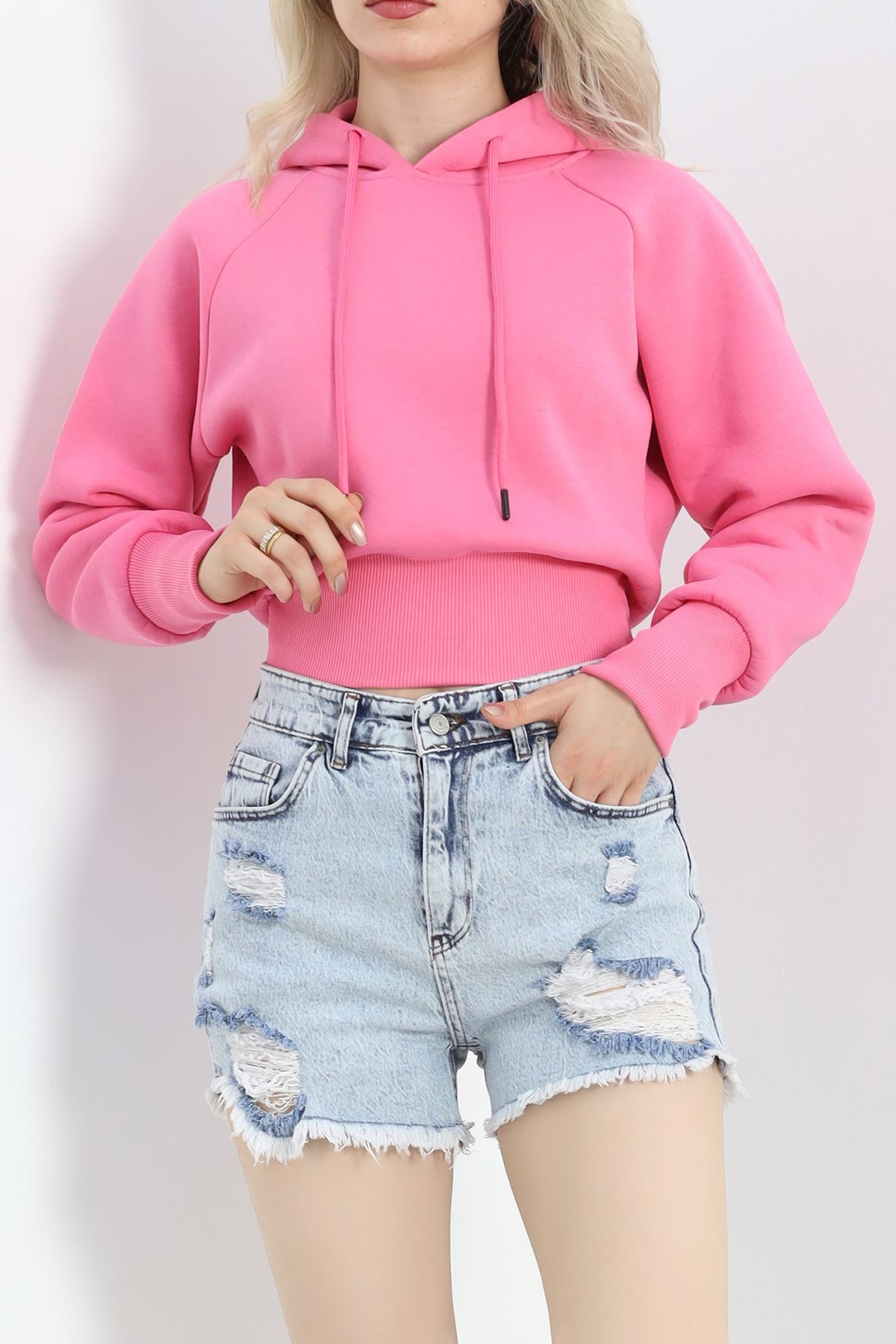 3 İplik Kapşonlu Crop Sweat Pembe