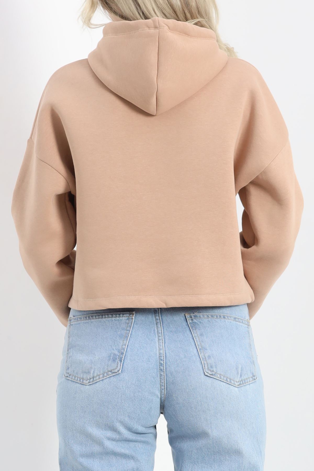 Kapşonlu 3 İplik Crop Sweat Bej