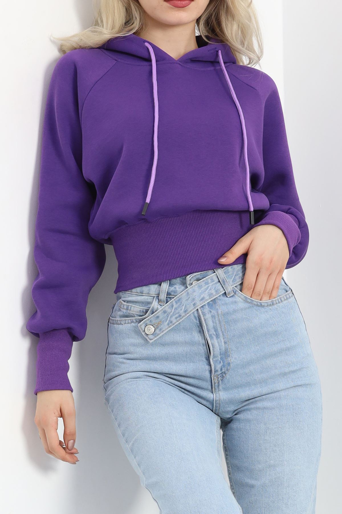 Kapşonlu Crop Sweat Mor