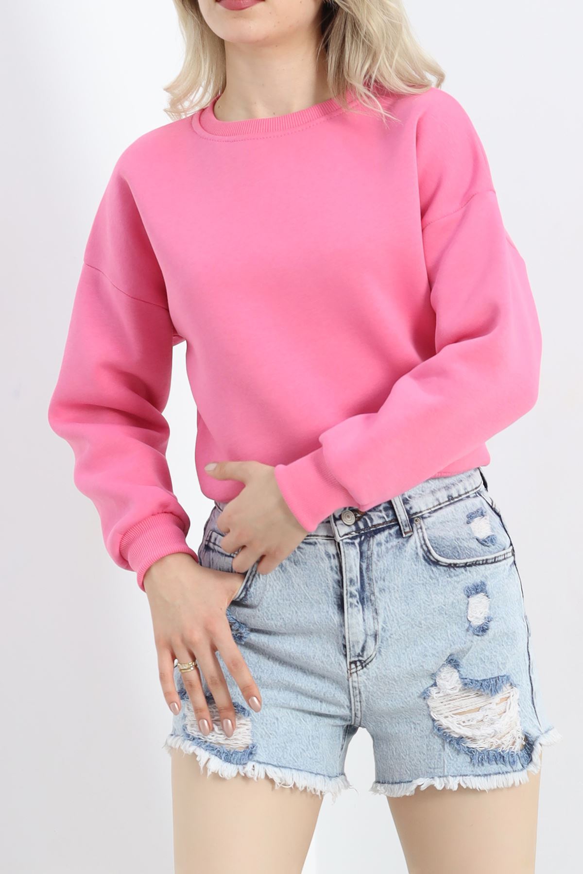 Bisiklet Yaka 3 İplik Crop Sweat Pembe