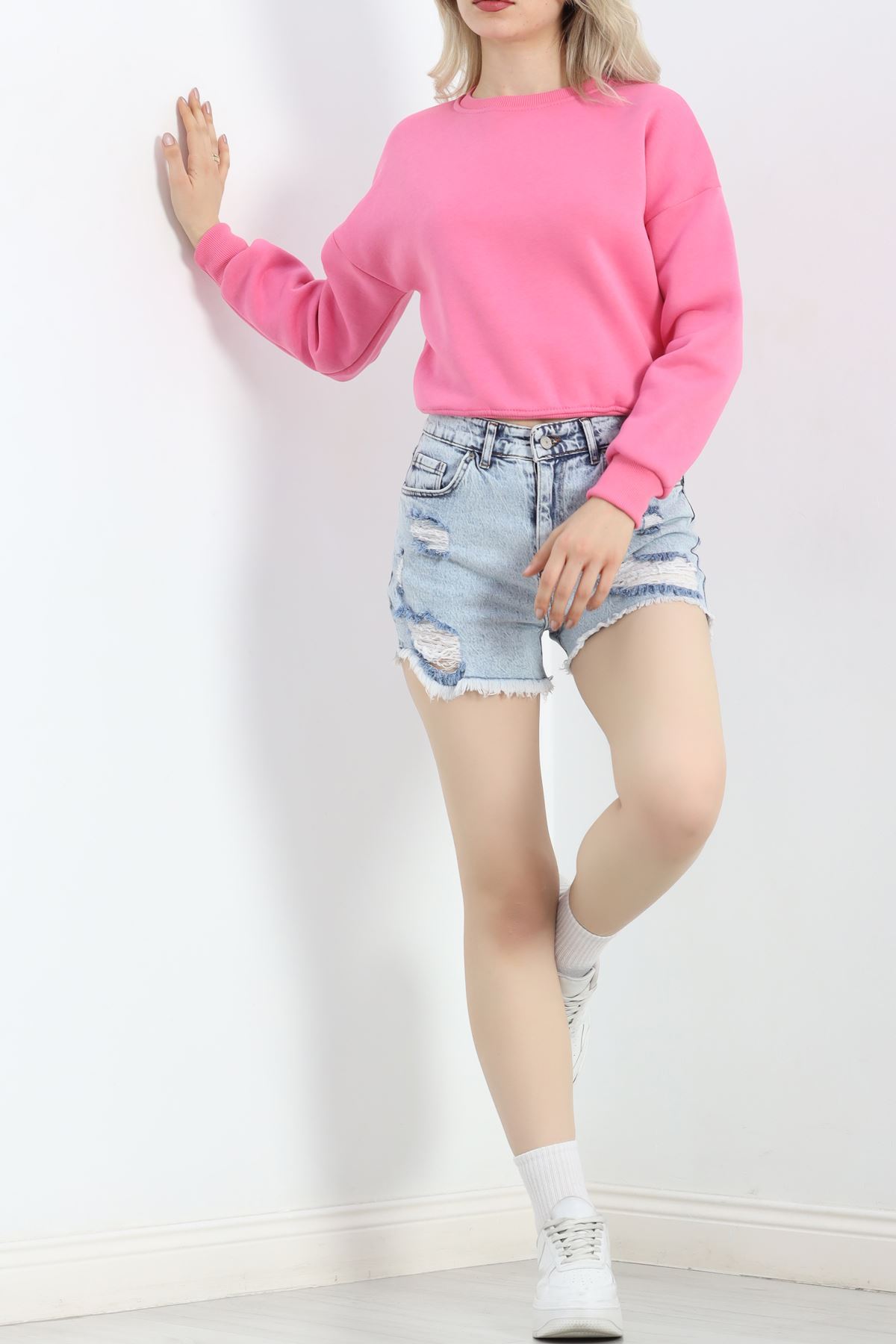 Bisiklet Yaka 3 İplik Crop Sweat Pembe