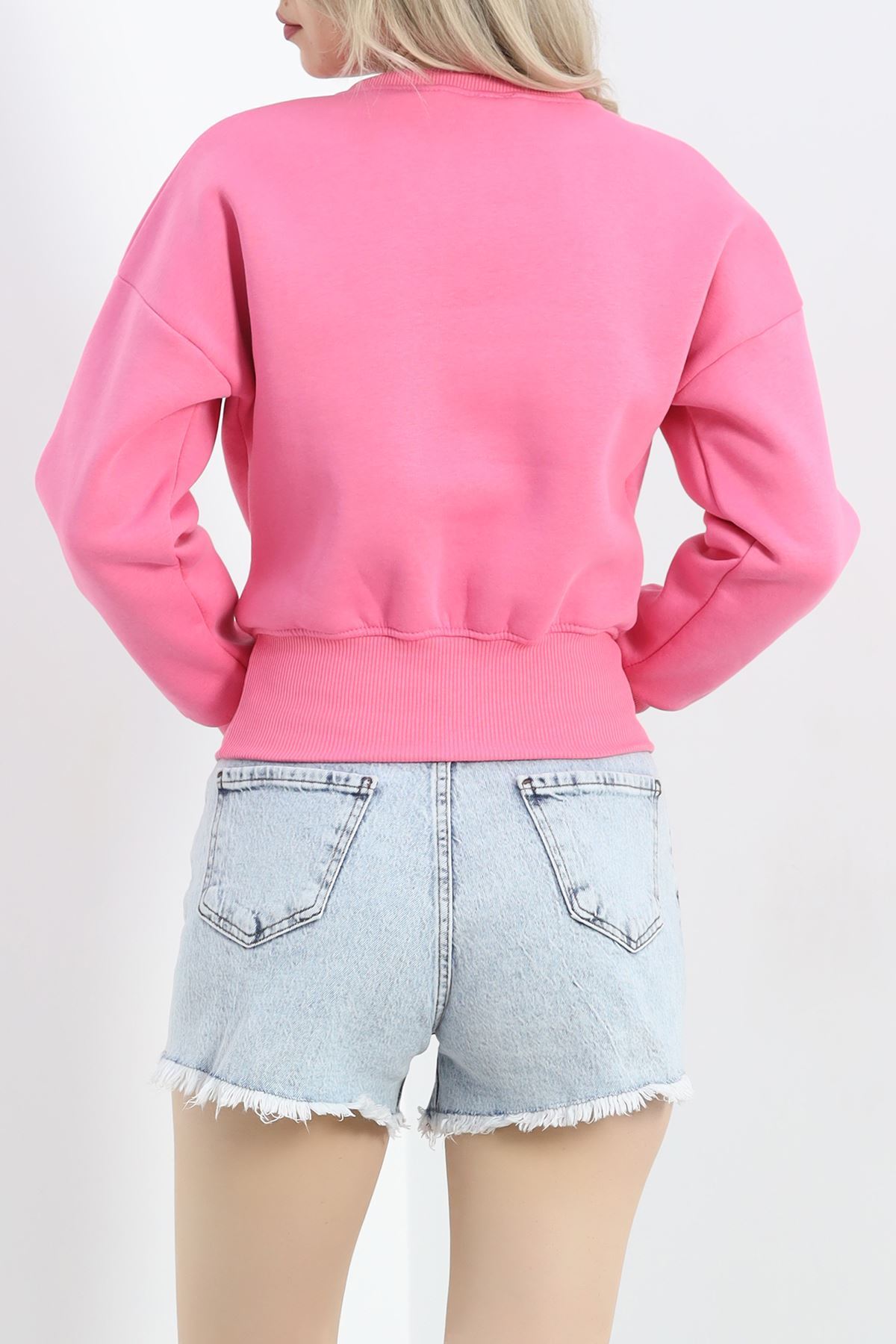 Bisiklet Yaka 3 İplik Crop Sweat Pembe