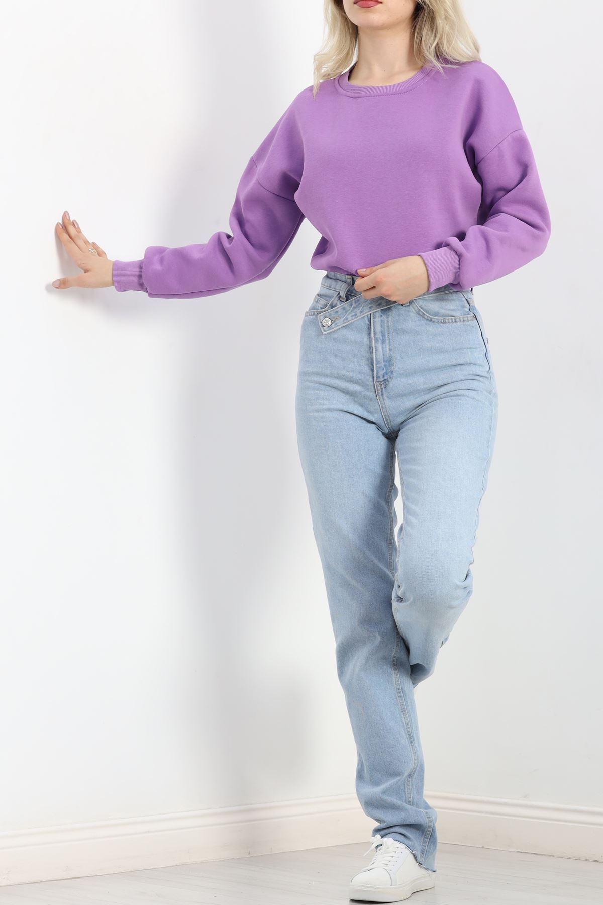 Bisiklet Yaka 3 İplik Crop Sweat Lila