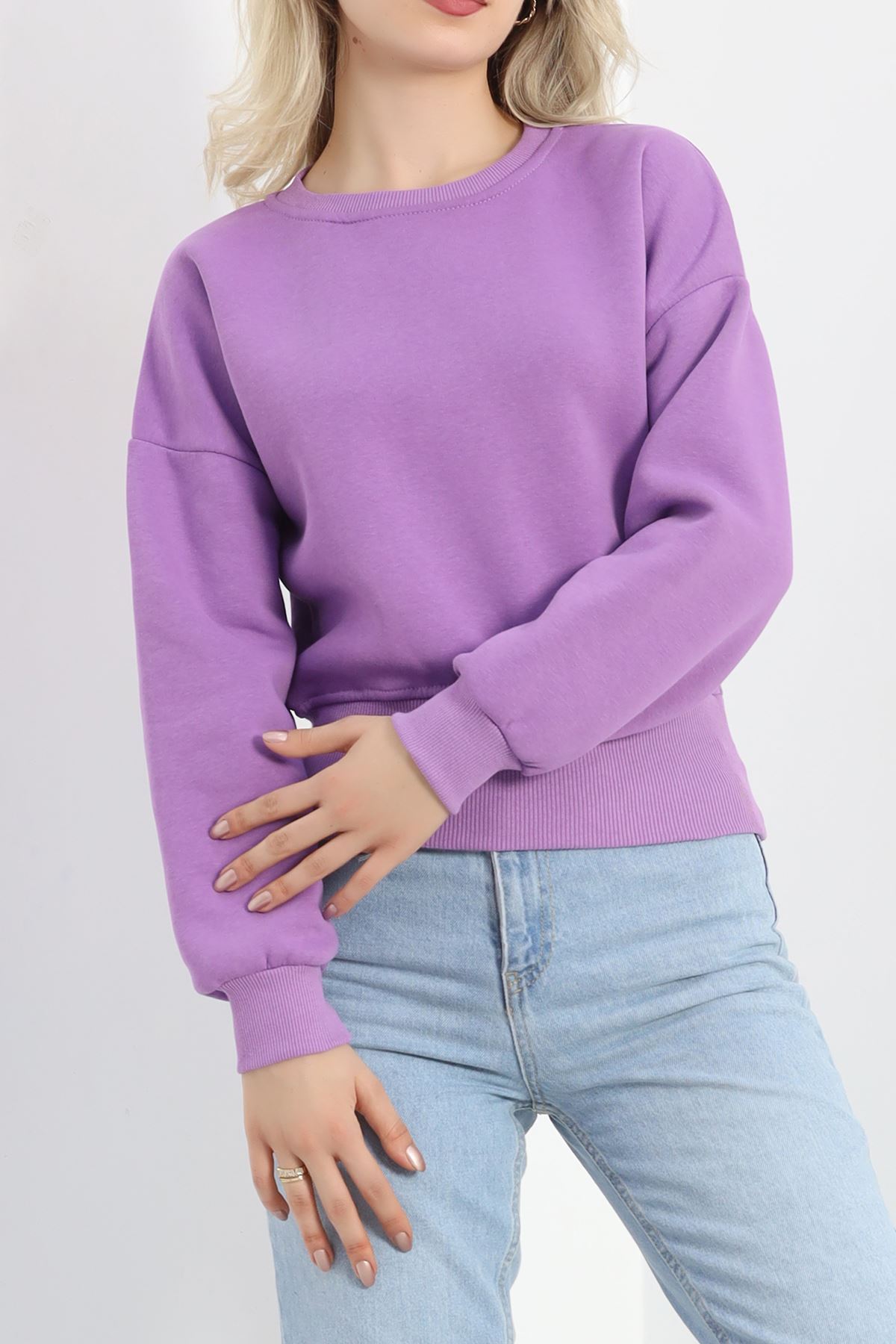 Bisiklet Yaka 3 İplik Crop Sweat Lila