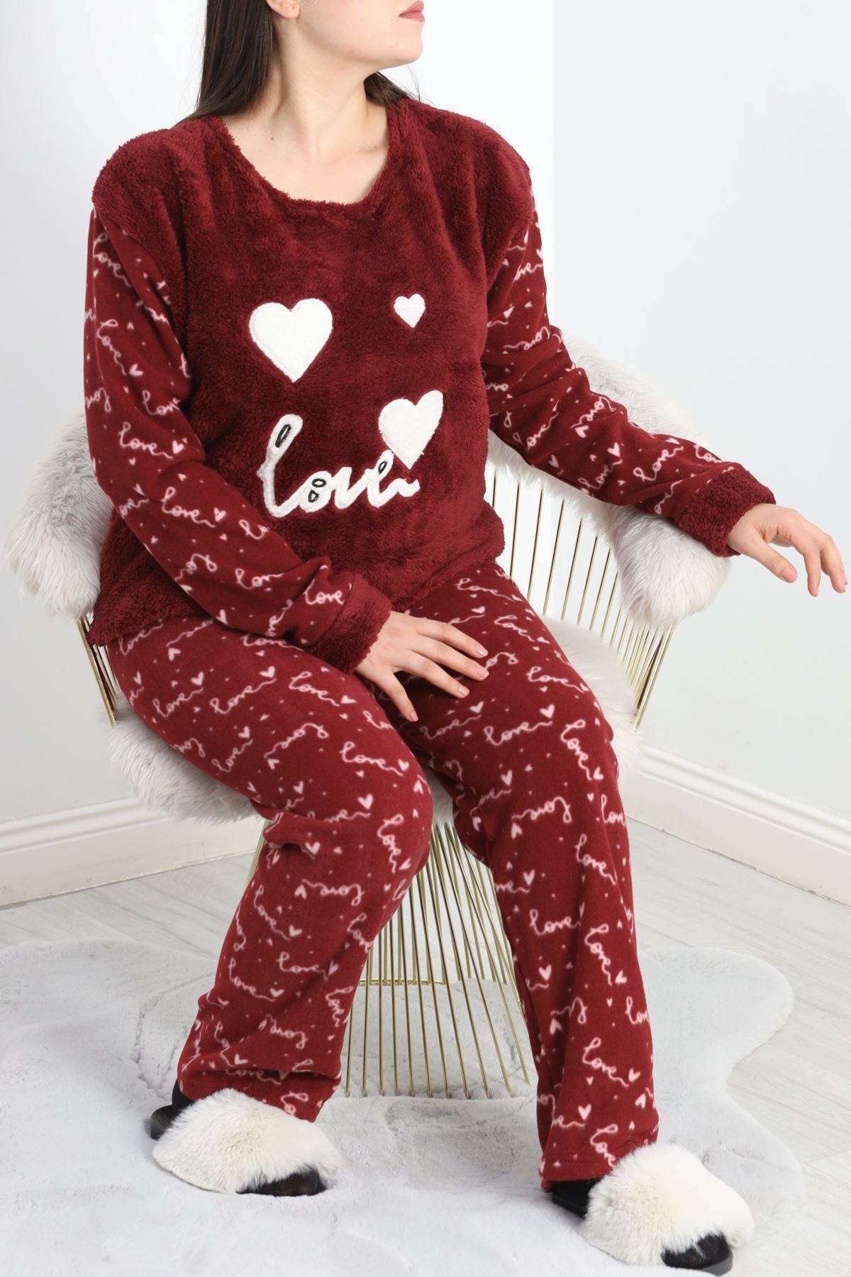 Battal Polar Pijama Takımı Bordo