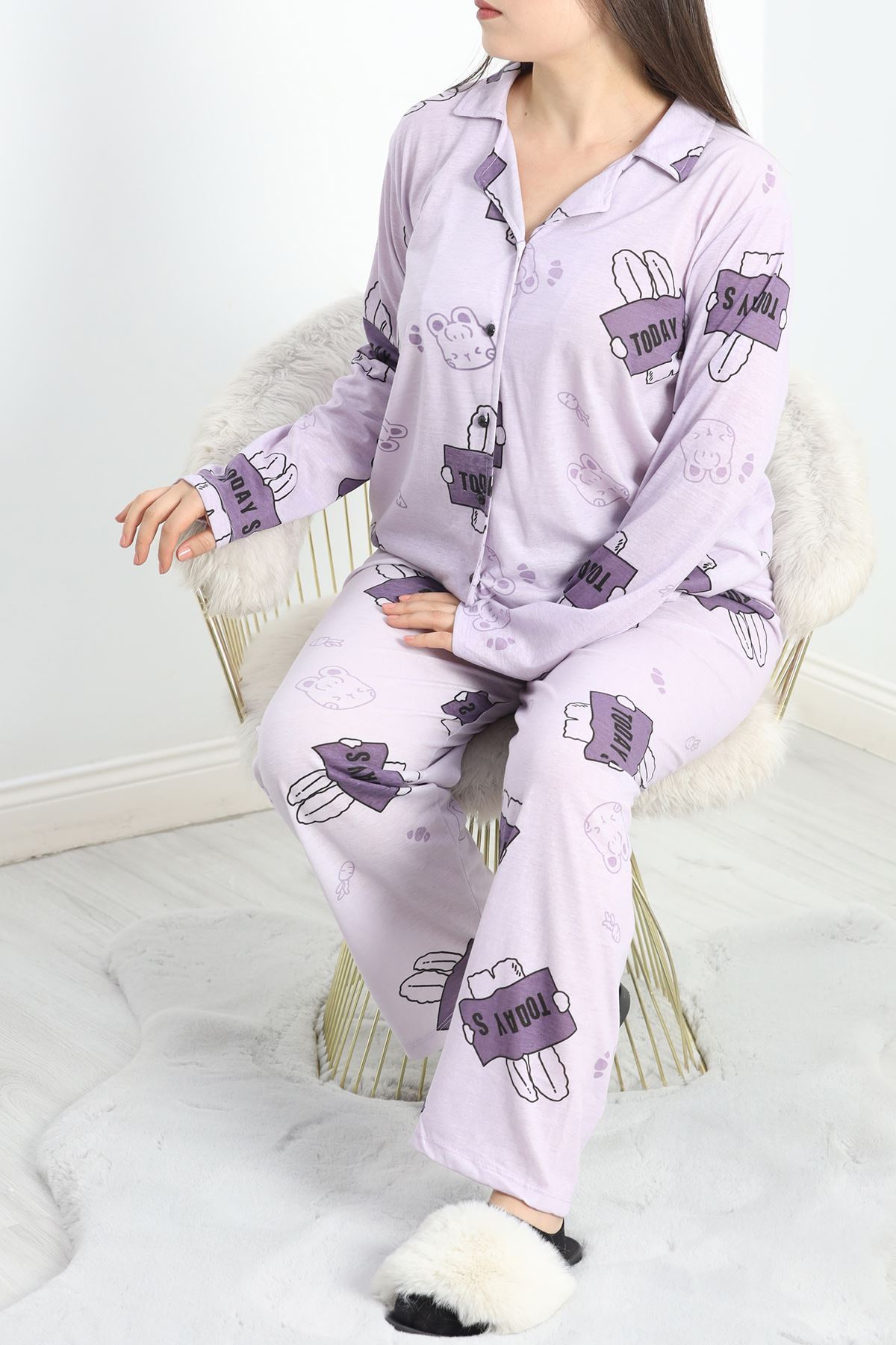 Baskılı Battal Pijama Takımı Lila