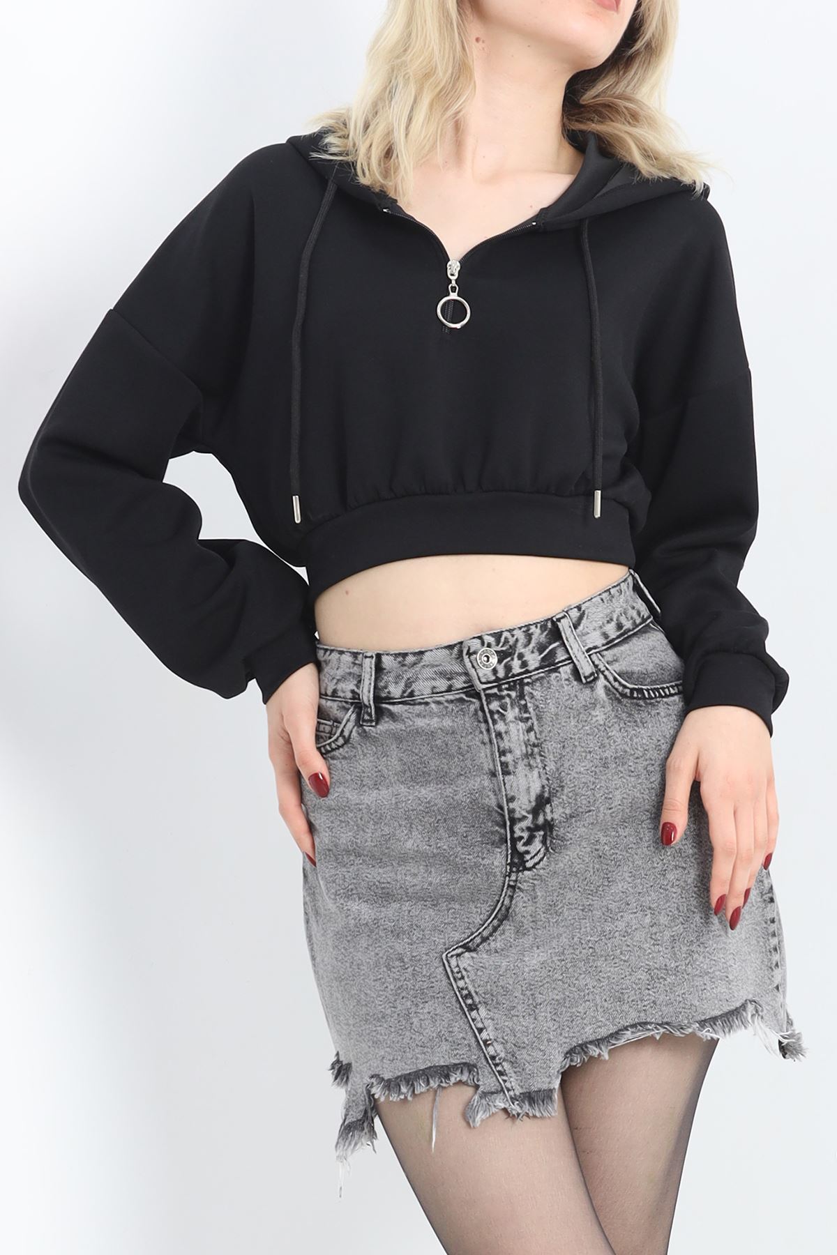 Modal Kapşonlu Crop Sweat Siyah