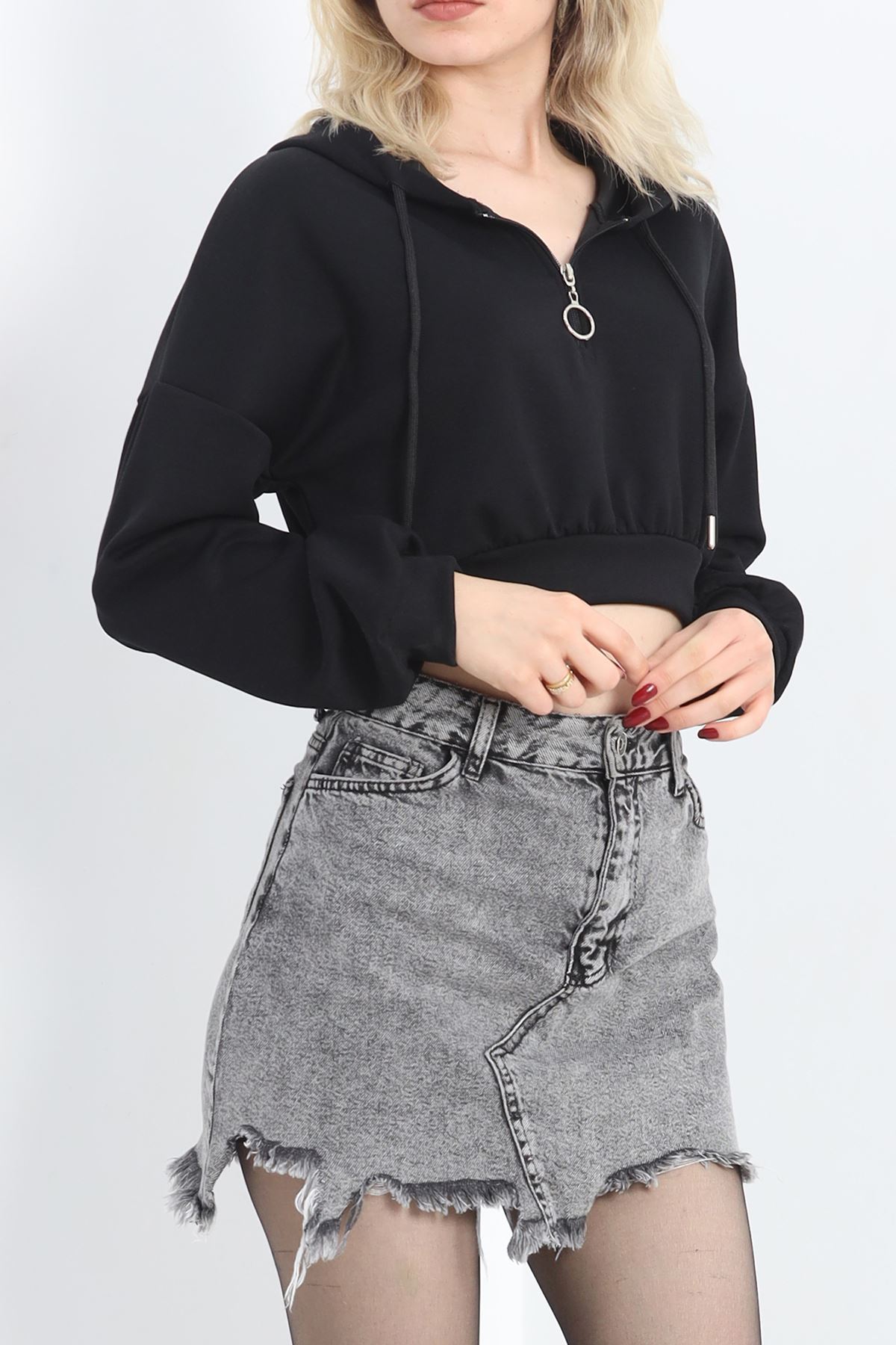 Modal Kapşonlu Crop Sweat Siyah