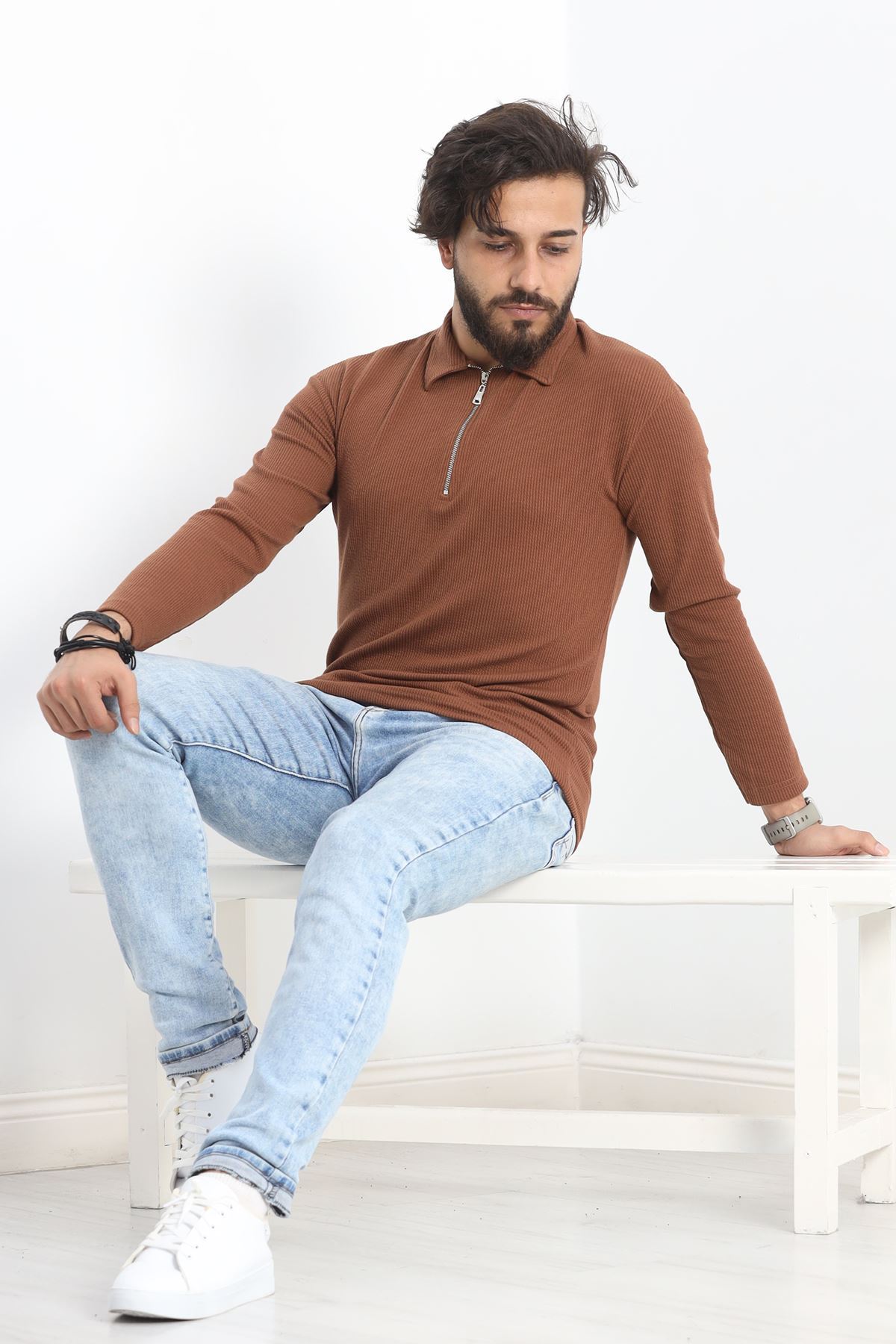 Polo Yaka Fermuarlı Erkek Sweatshirt Kahve