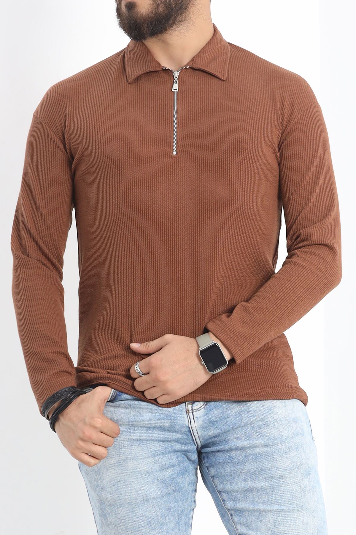 Polo Yaka Fermuarlı Erkek Sweatshirt Kahve