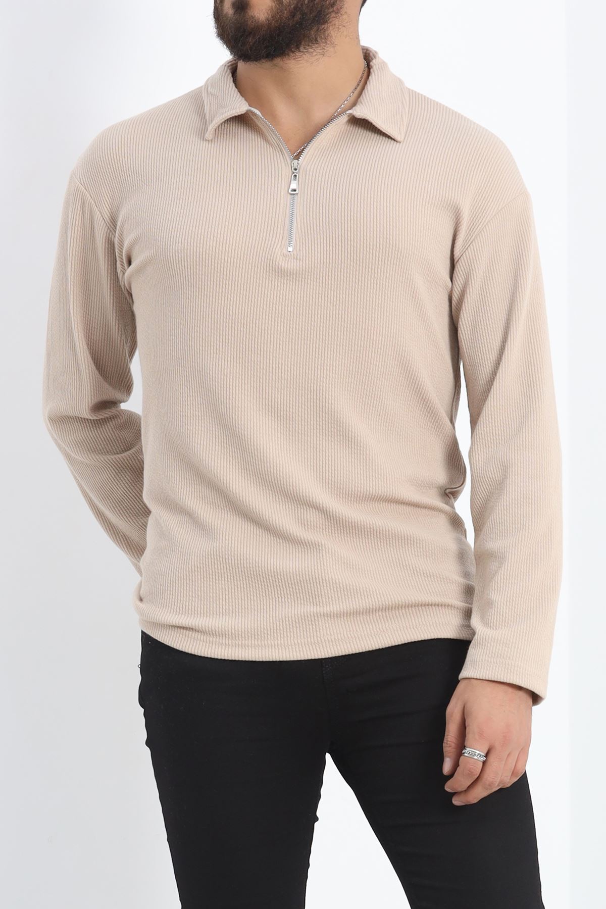 Polo Yaka Fermuarlı Erkek Sweatshirt Taş