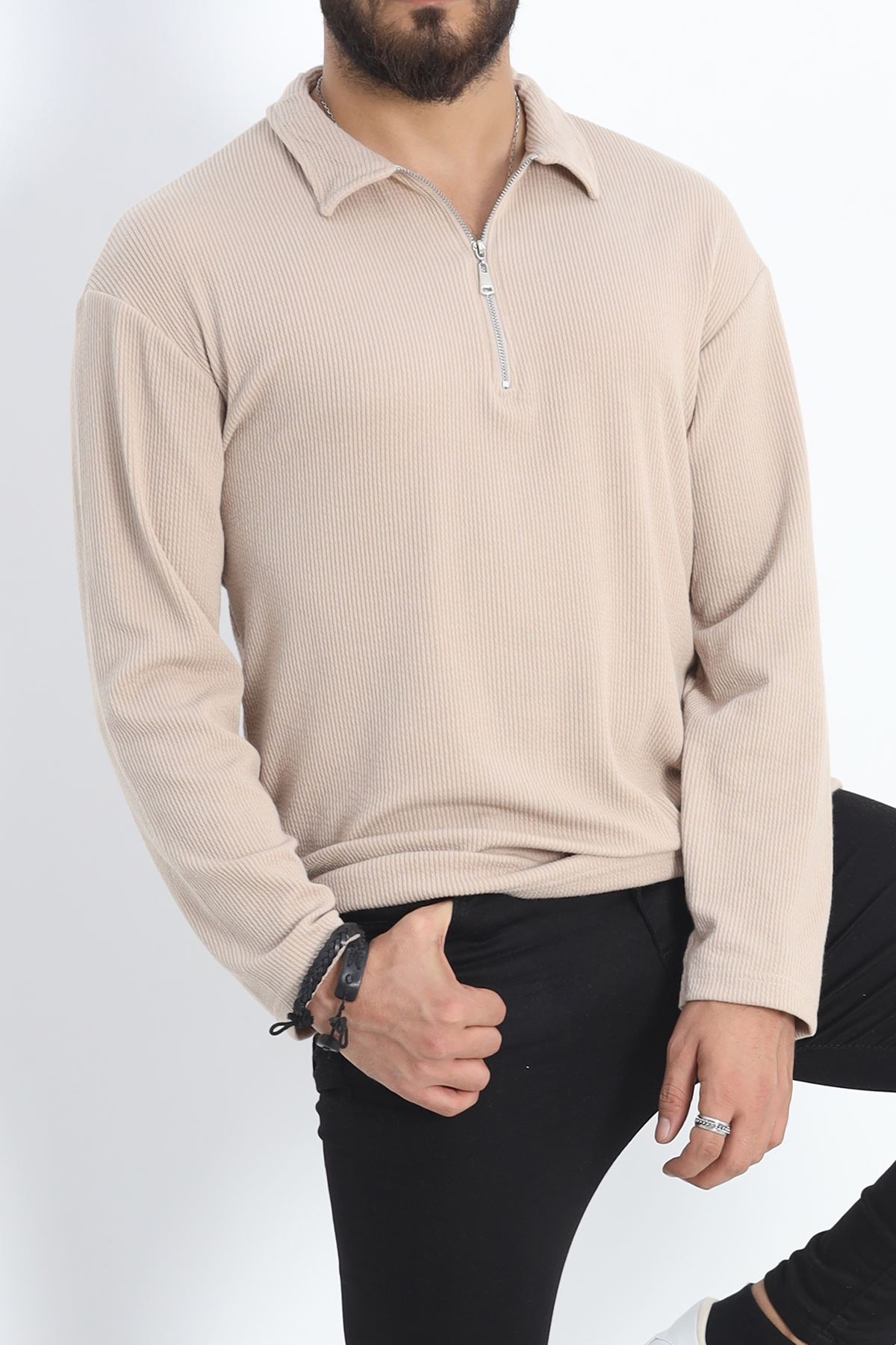 Polo Yaka Fermuarlı Erkek Sweatshirt Taş