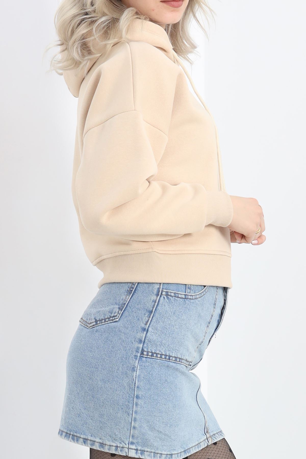 Kapşonlu Crop Sweat Bej