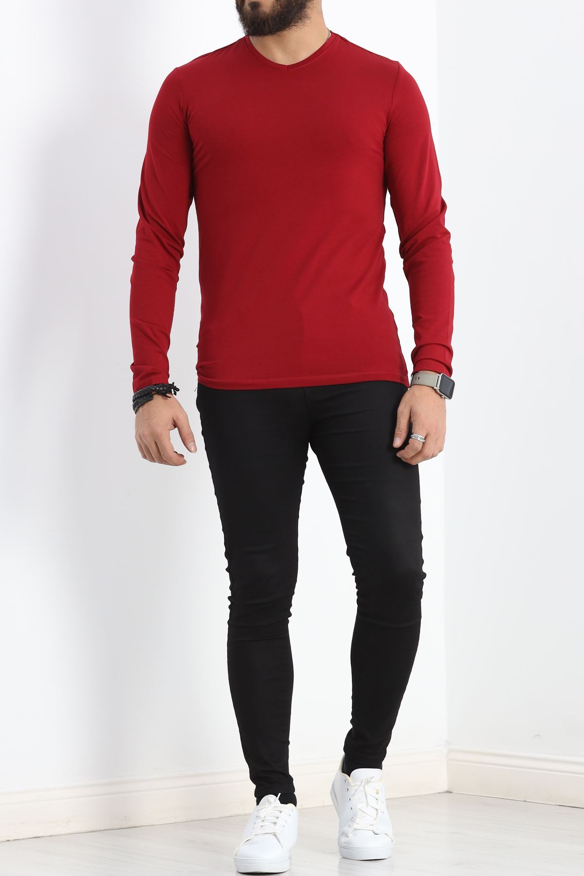 Uzun Kollu V Yaka Erkek Sweatshirt Bordo