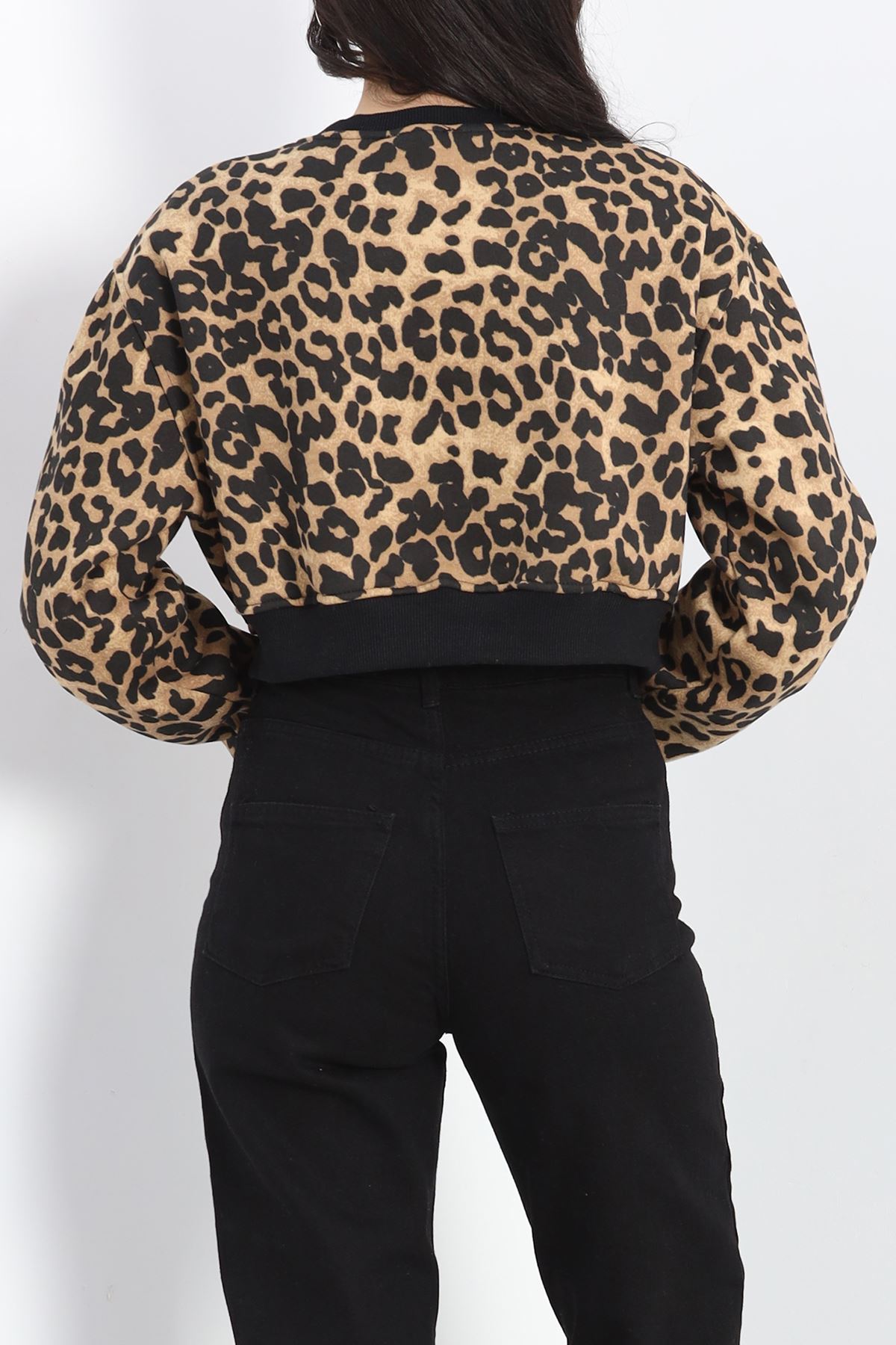 Desenli 3 İplik Crop Sweat Leopar