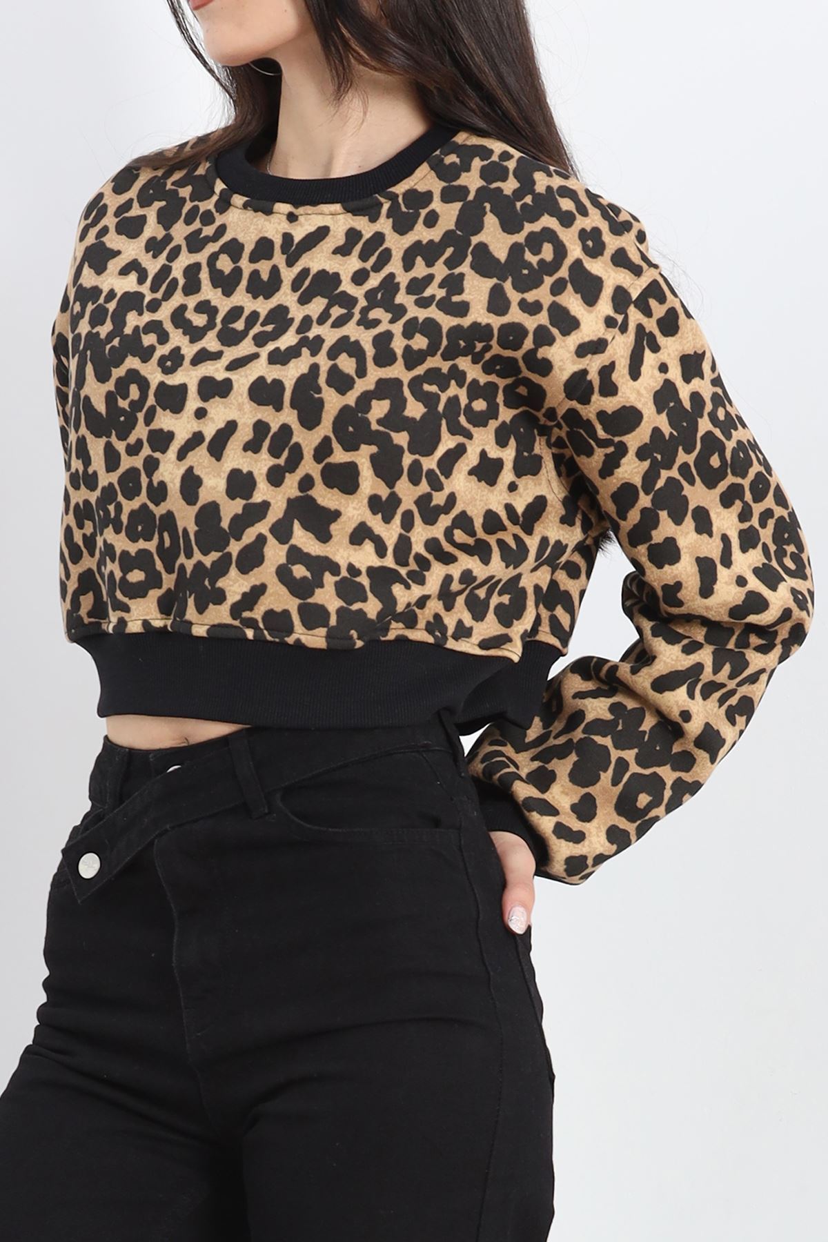 Desenli 3 İplik Crop Sweat Leopar