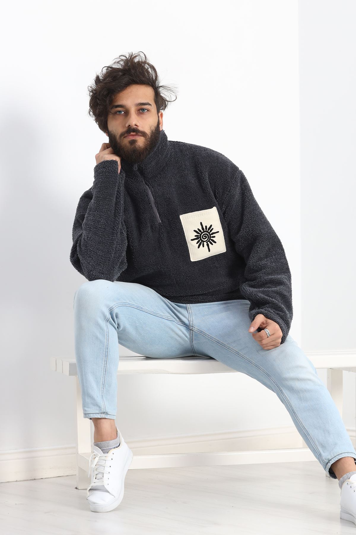 Etnik Cep Nakışlı Erkek Peluş Sweat Antrasit