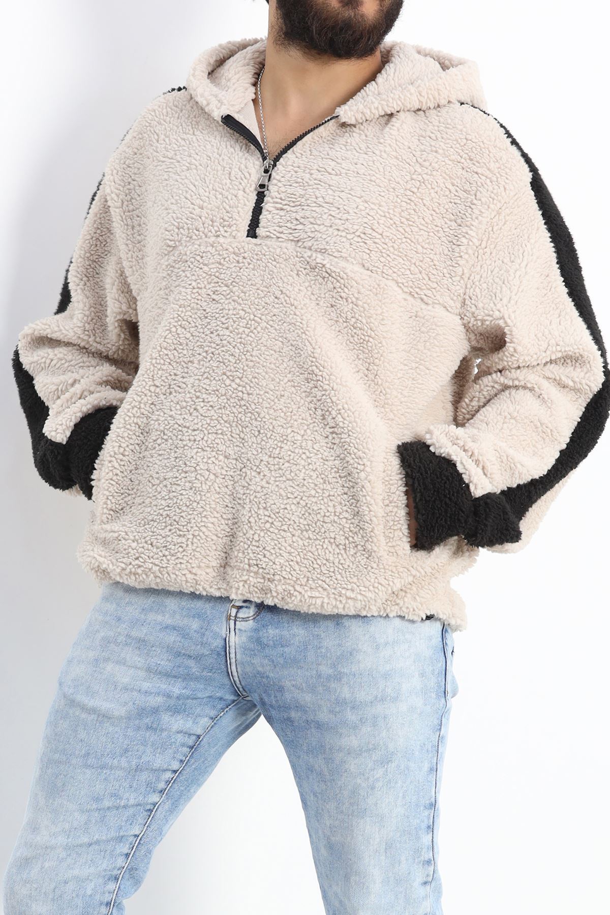 Kapşonlu Erkek Peluş Sweat Taş