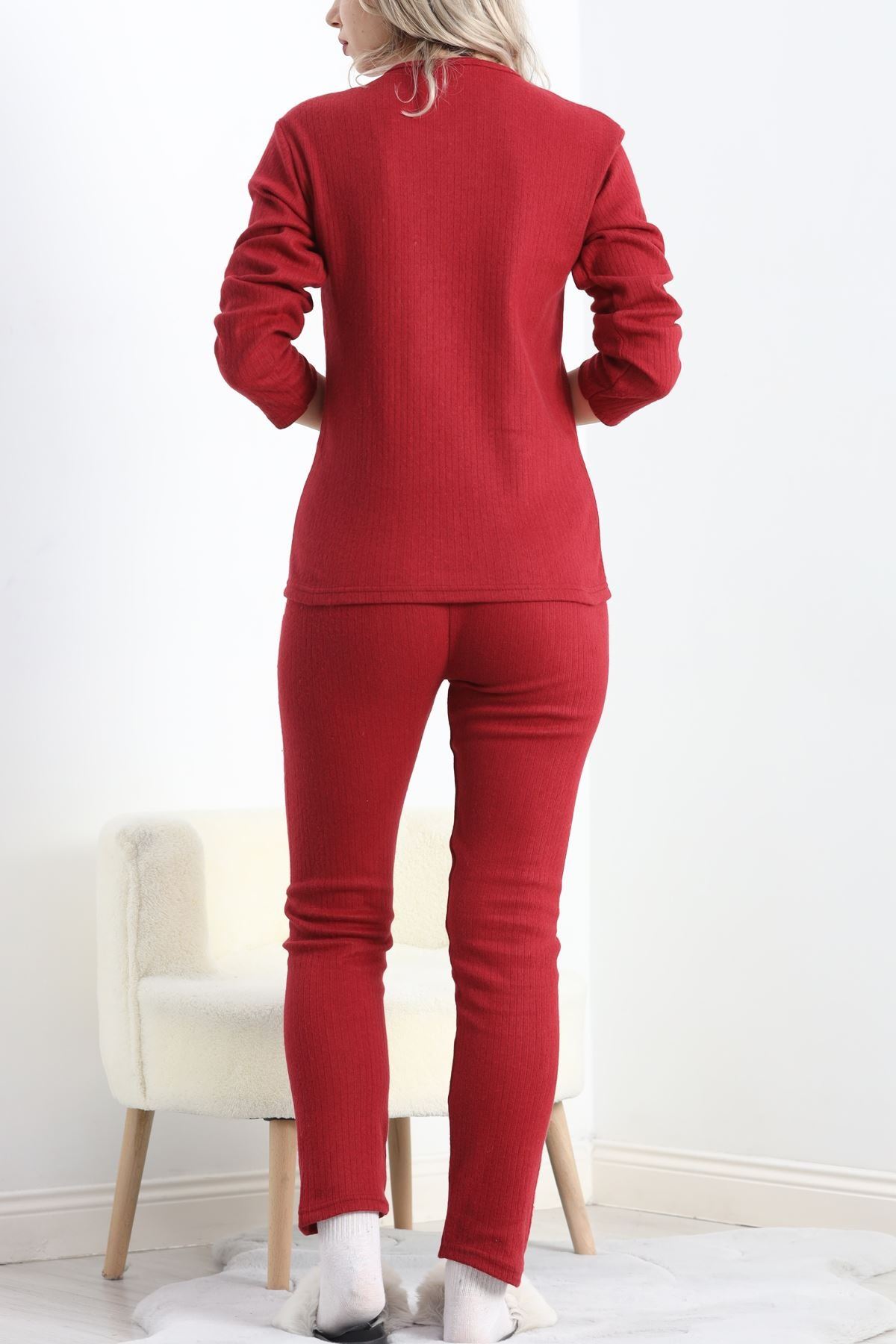 Nakışlı Fitilli Pijama Takımı Bordo1