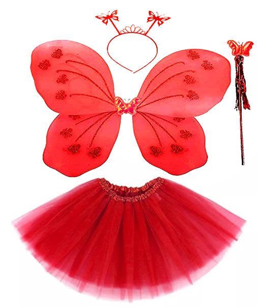 CLZ193 Kırmızı Kelebek Kostümü - Kırmızı Kelebek Kostüm Aksesuar Seti 4 Parça